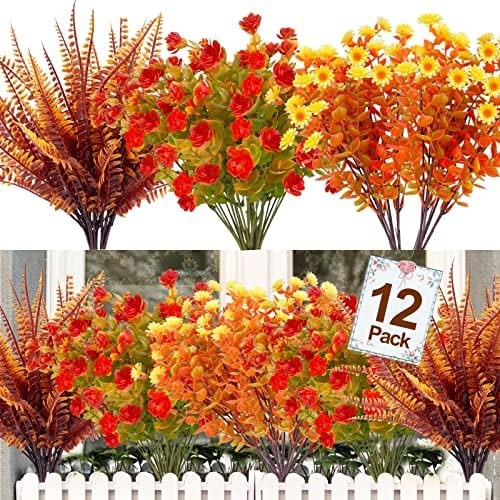 12-Bundle UV-Resistant Artificial Fall Flower Set - Mix Orange Brown Yellow