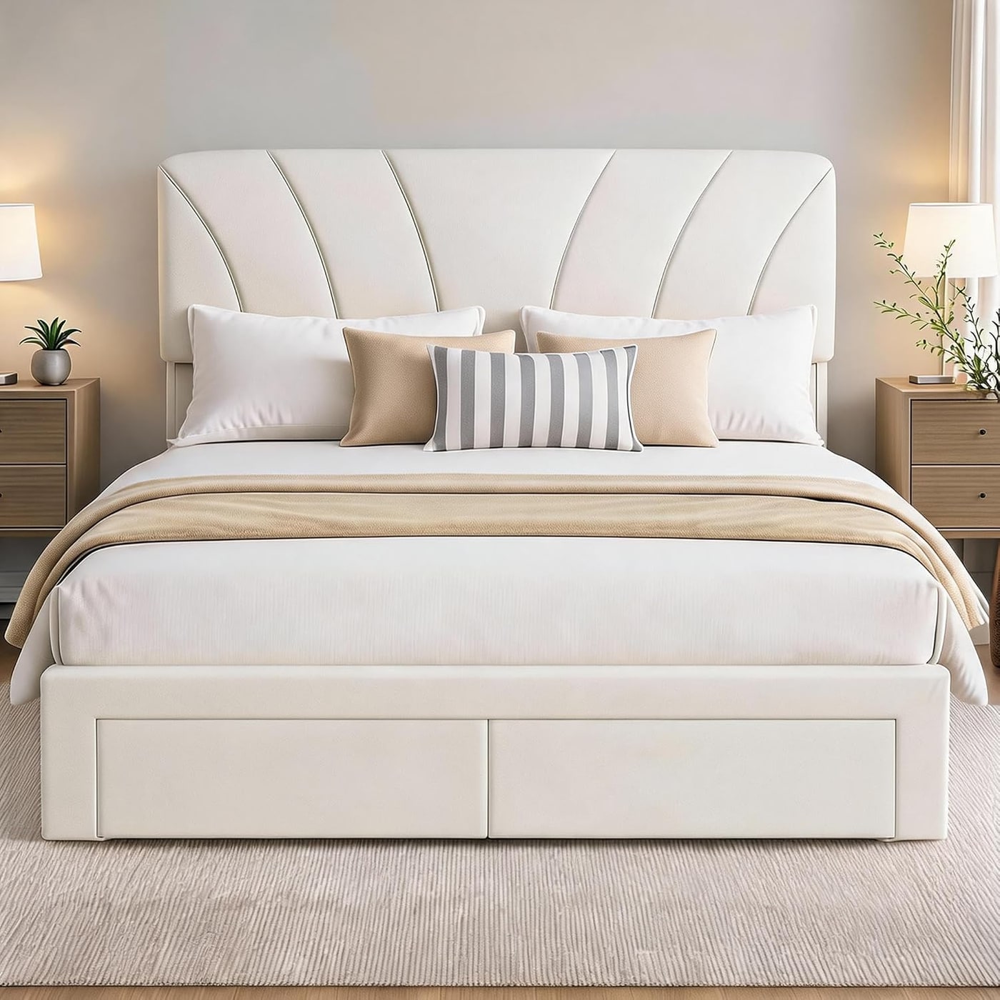 Velvet Upholstered Queen Bed Frame with Storage Drawers - Beige