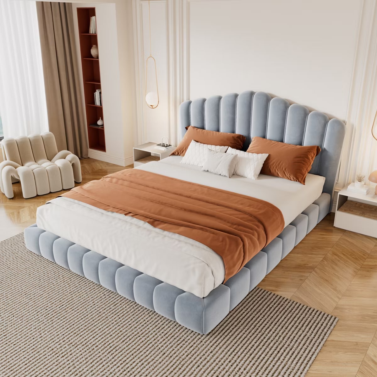 Shell-Shaped Velvet Floor Bed, Queen - Photo 2