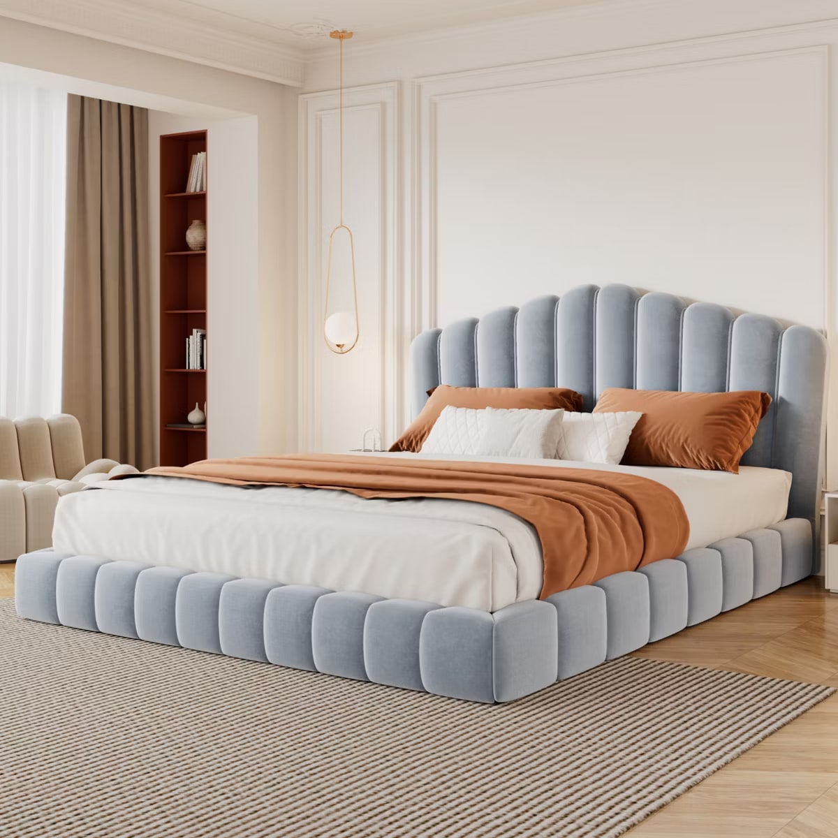 Shell-Shaped Velvet Floor Bed, Queen