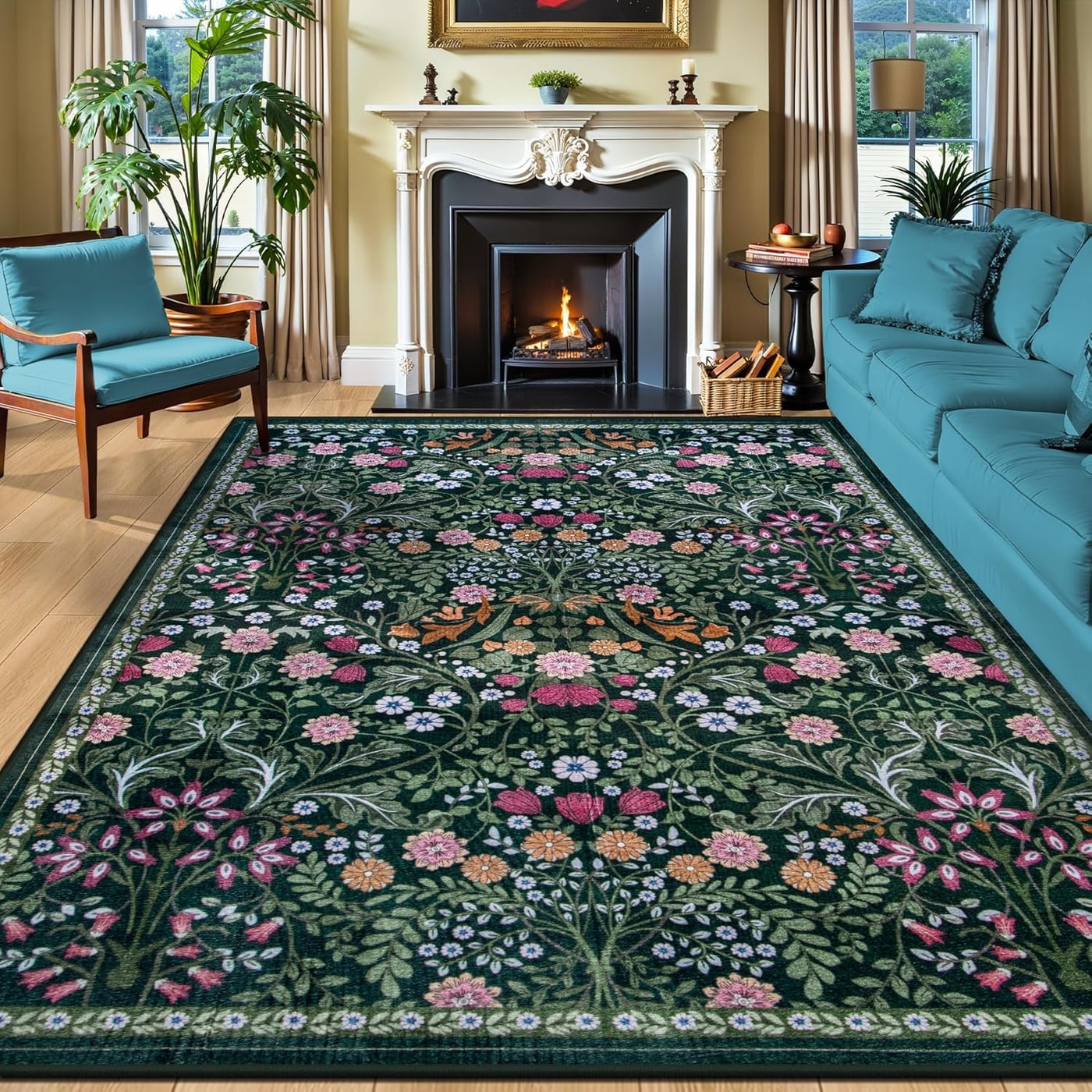 Sunflower Series Distressed Medallion Washable Rug - Blue/Vintage Dark Blue