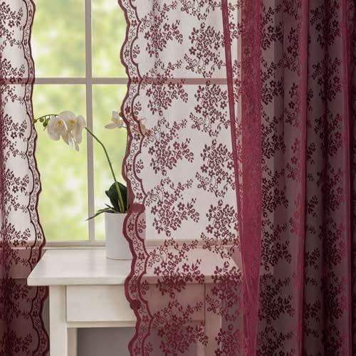 Vintage Lace Sheer Curtain Panels - Burgundy