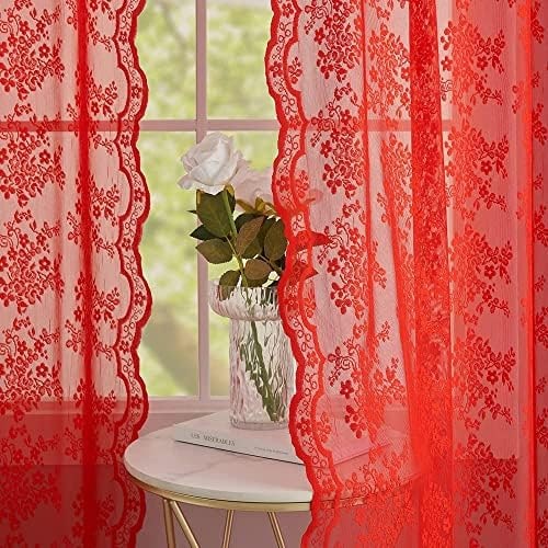 Vintage Lace Sheer Curtain Panels - Red