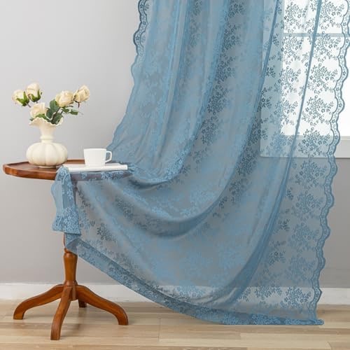 Vintage Lace Sheer Curtain Panels - Stone Blue