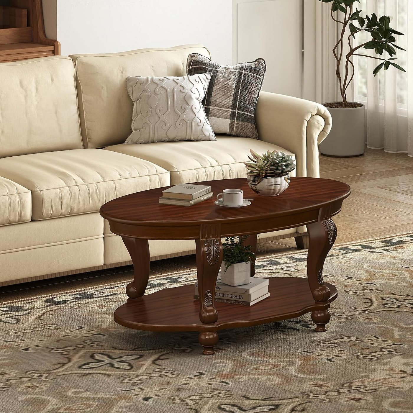 42" Vintage Oval Coffee Table with Carved Wood Legs - Photo 3
