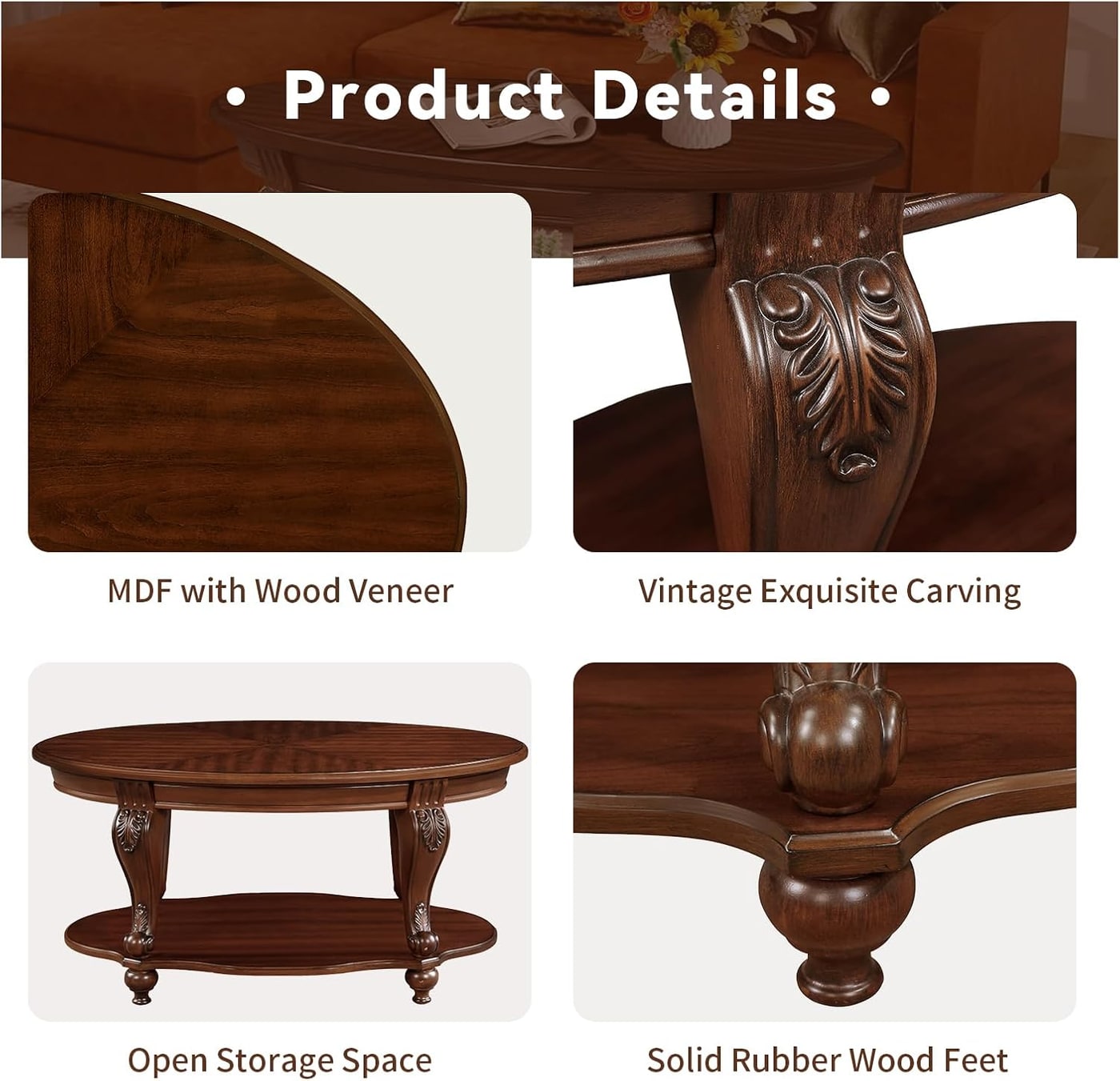 42" Vintage Oval Coffee Table with Carved Wood Legs - Photo 4
