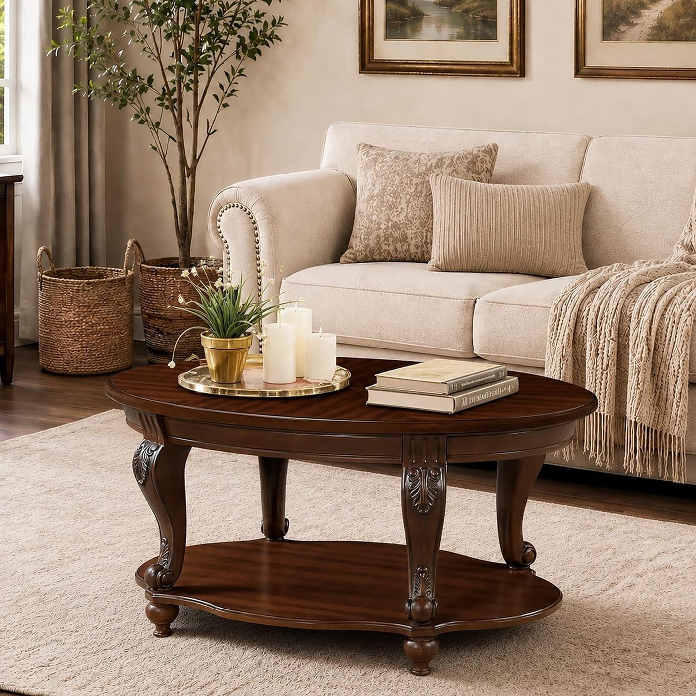 42" Vintage Oval Coffee Table with Carved Wood Legs - Cherry