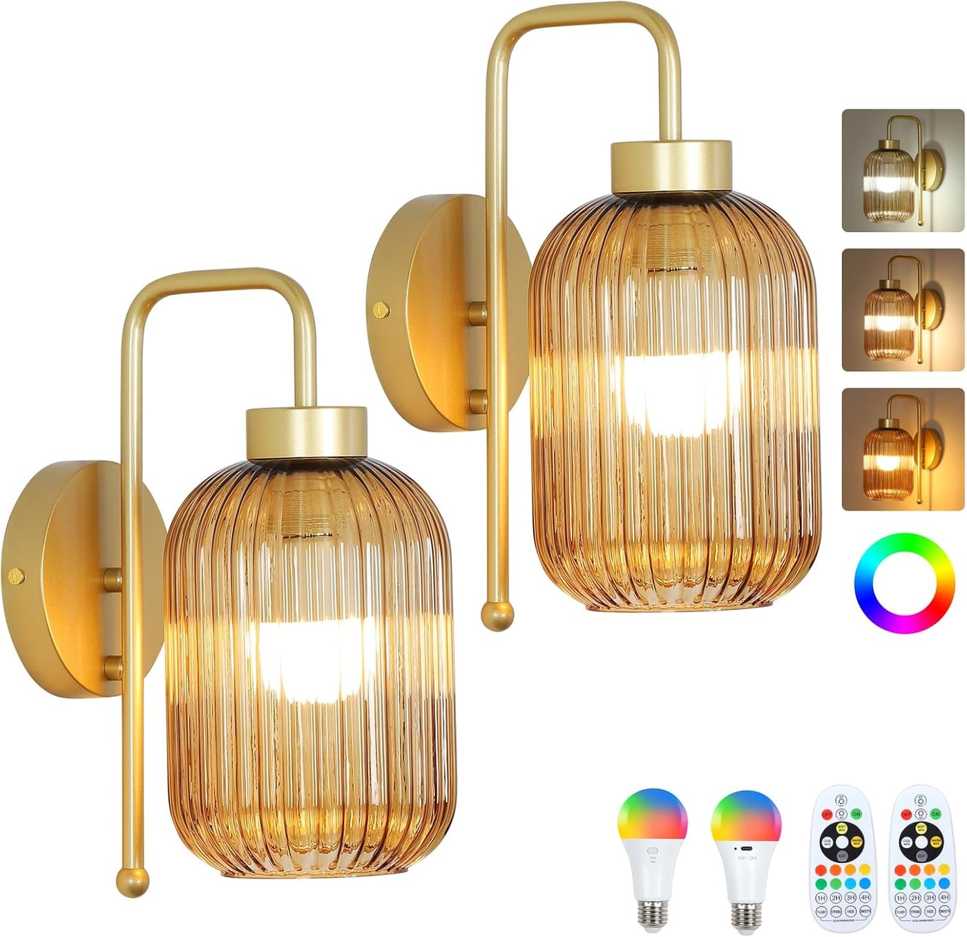 Vintage Rechargeable Wireless Wall Sconces, Set of 2 - Gold-Amber Shade