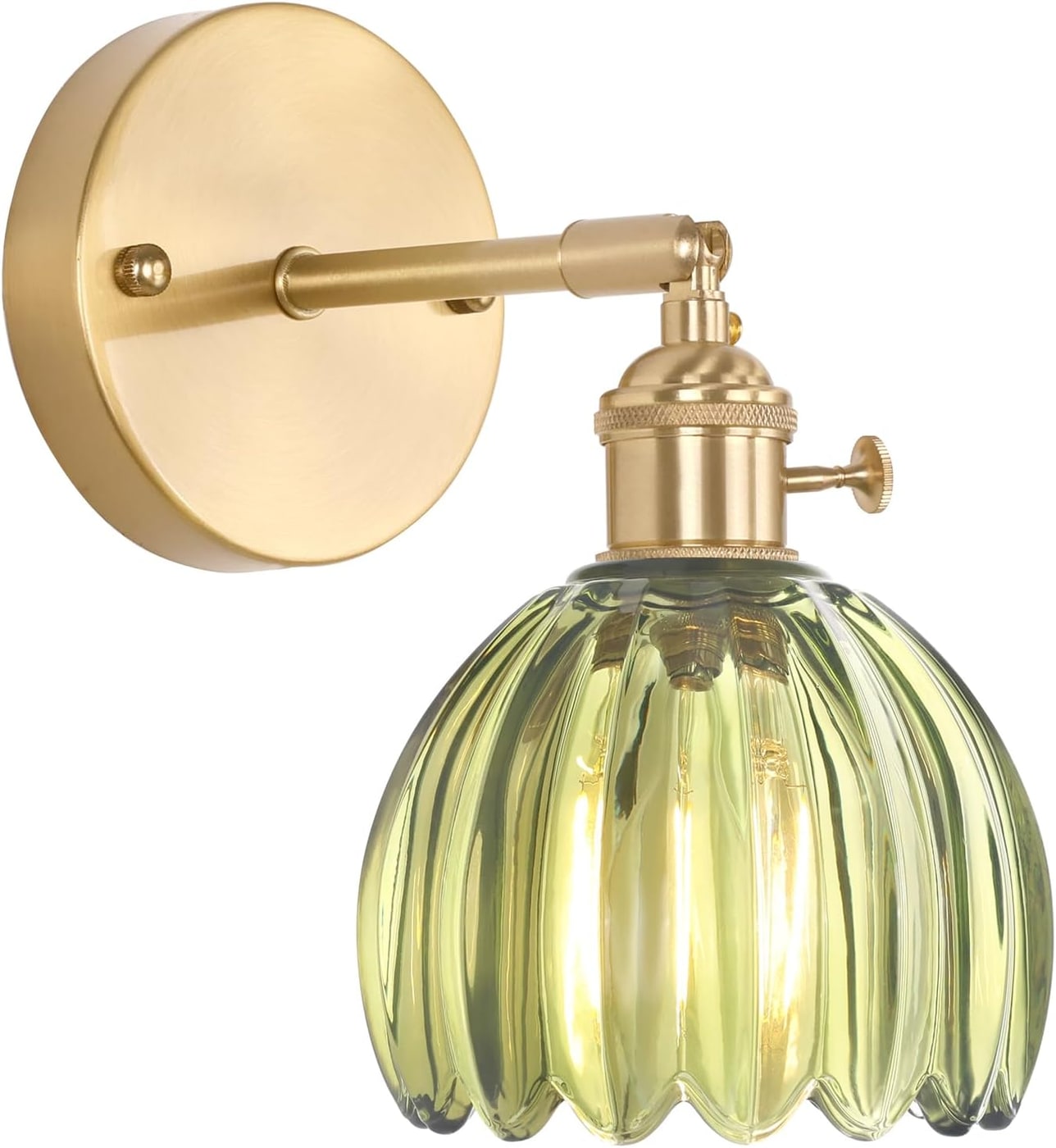 Vintage Tulip Glass Wall Sconce with Adjustable Brass Arm - Green