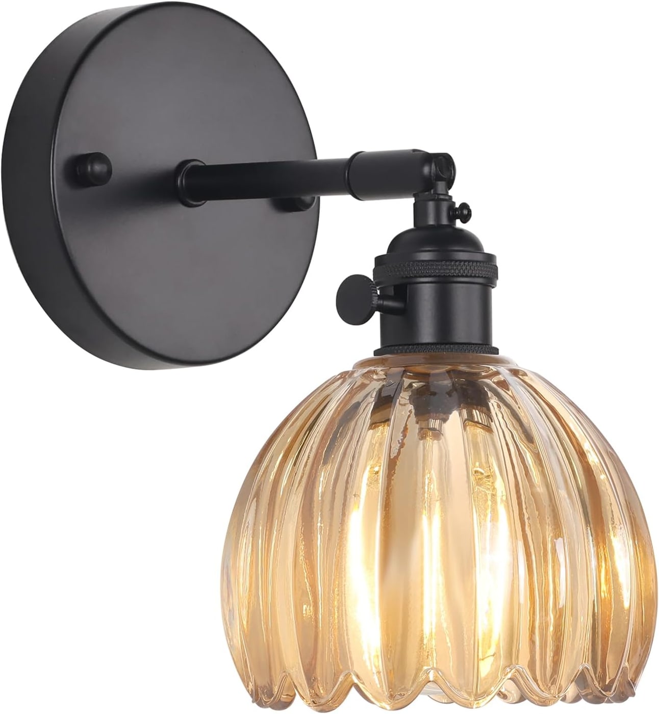 Vintage Tulip Glass Wall Sconce with Adjustable Brass Arm - Light Amber-Black Base