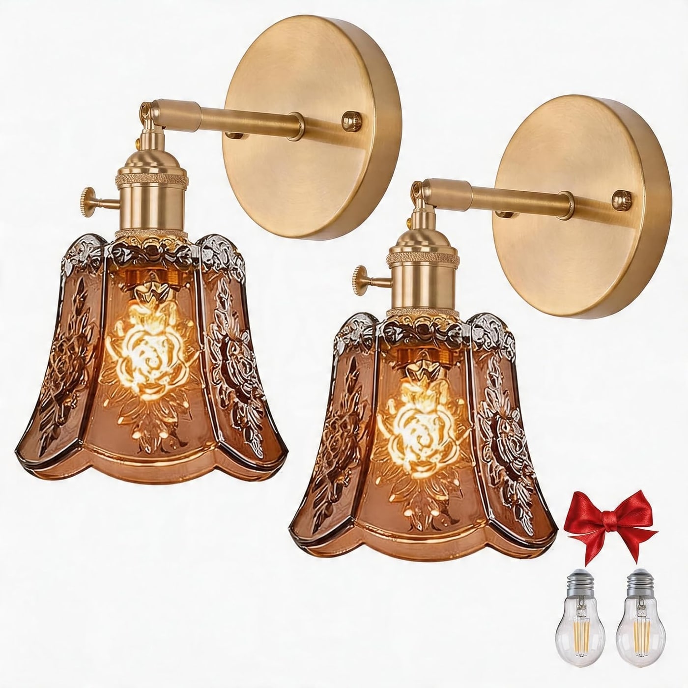 Vintage Wind Chime Glass Wall Sconces, 2-Pack - Amber Flower Wall Light