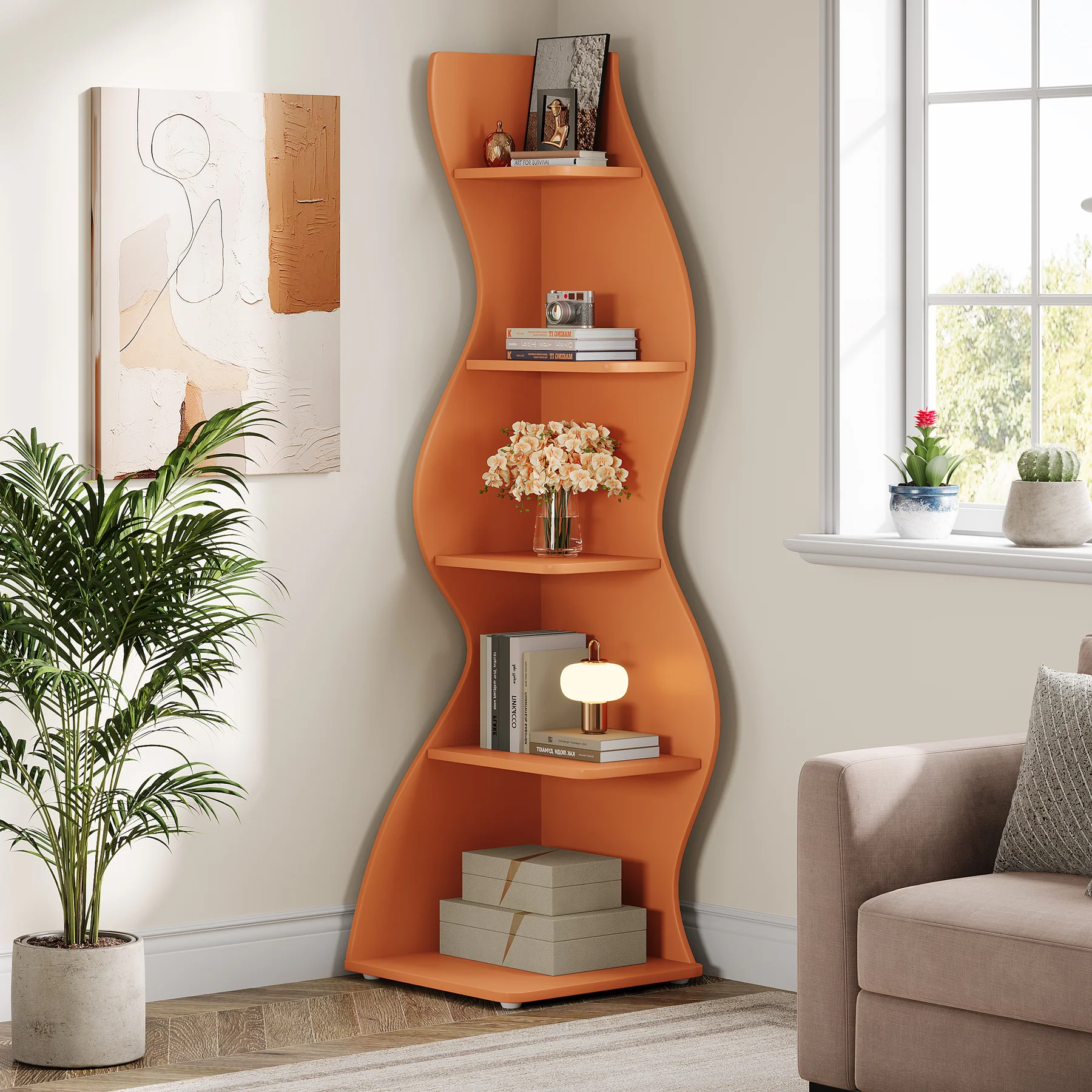 Sculptural 5-Tier Corner Bookshelf - Orange