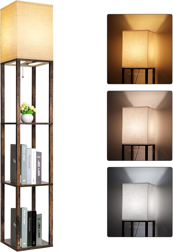 Corner Shelf Floor Lamp with 3-Tone LED Bulb - Rustic Brown