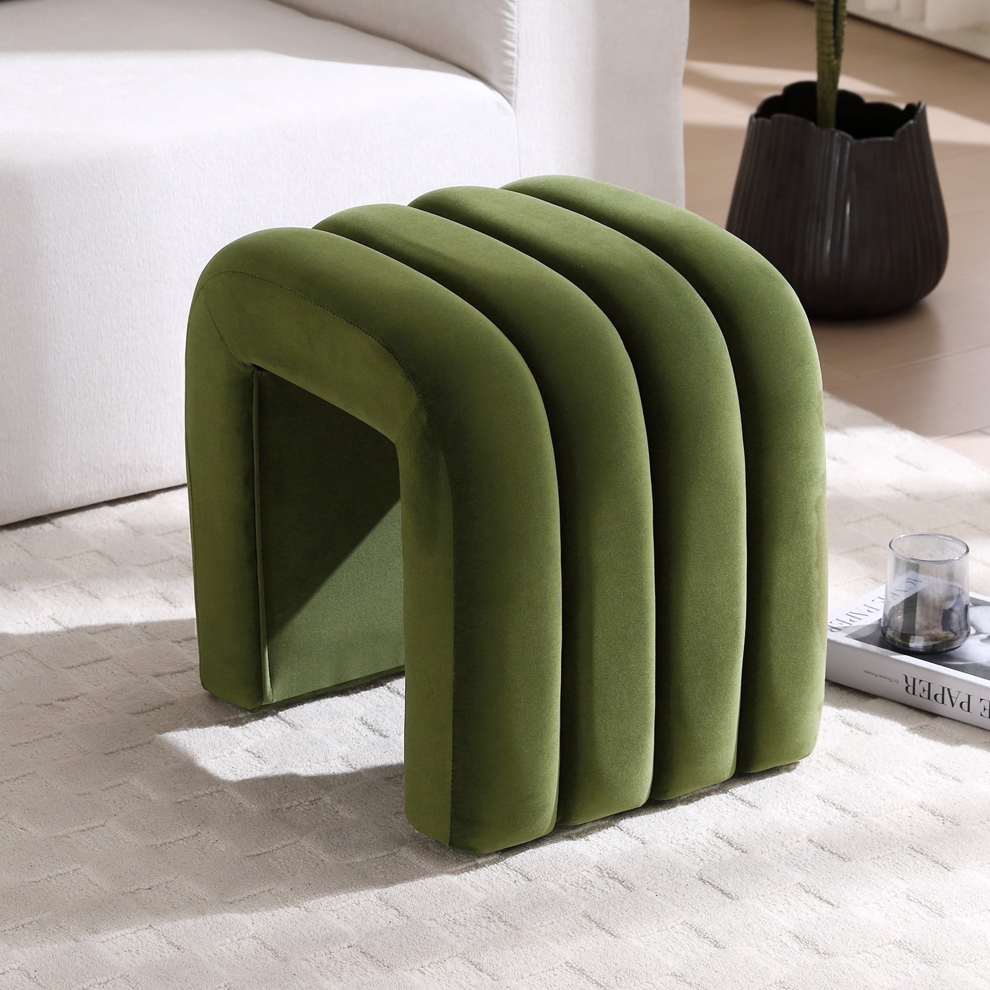 Modern Channel Tufted Velvet Ottoman - Olive Green Velvet