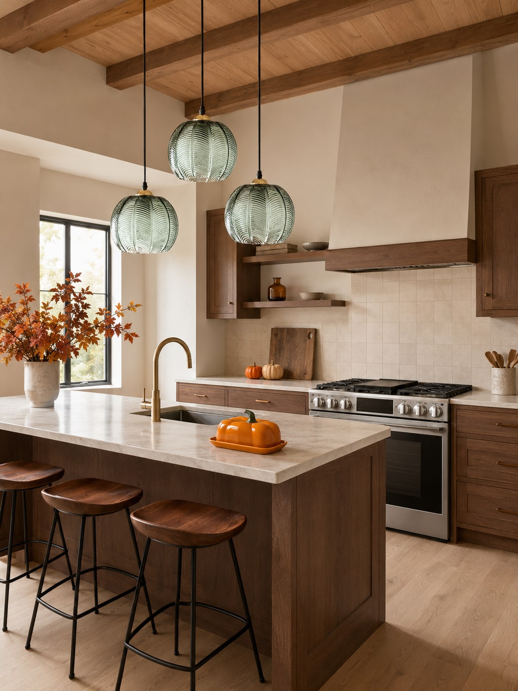 A Cozy Fall Decor Kitchen with Warm Wood and Burnt Orange Accents