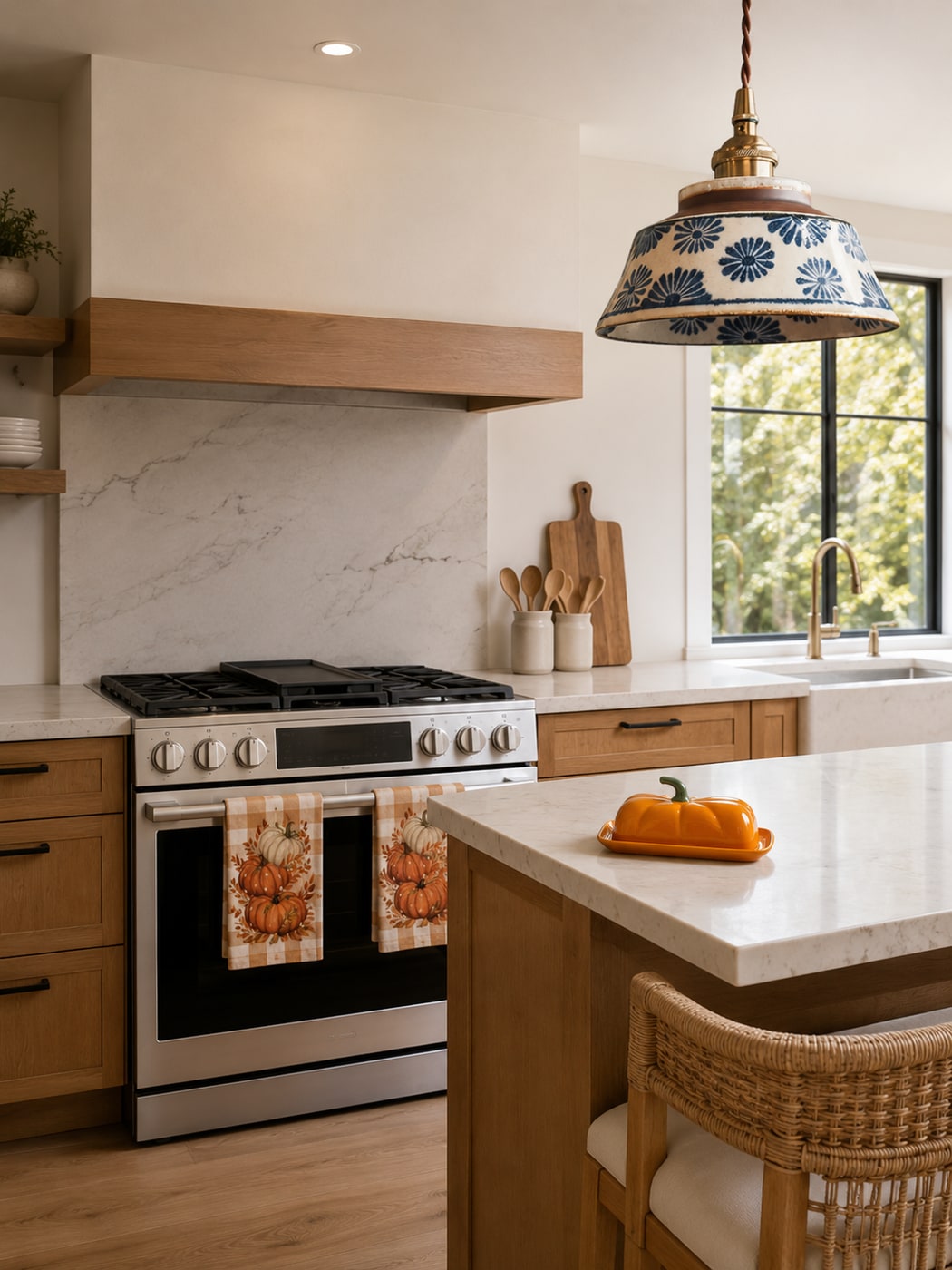 A Cozy Fall Kitchen with Warm Woods and Pumpkin Accents