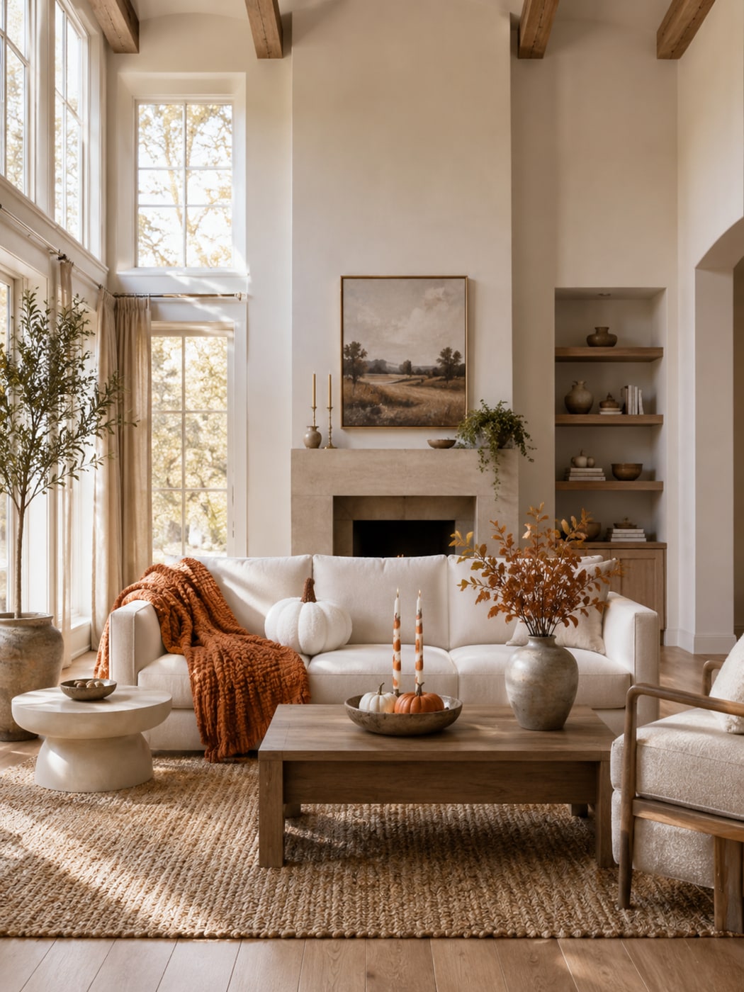 A Cozy Fall Living Room with Warm Rust and Cream Tones