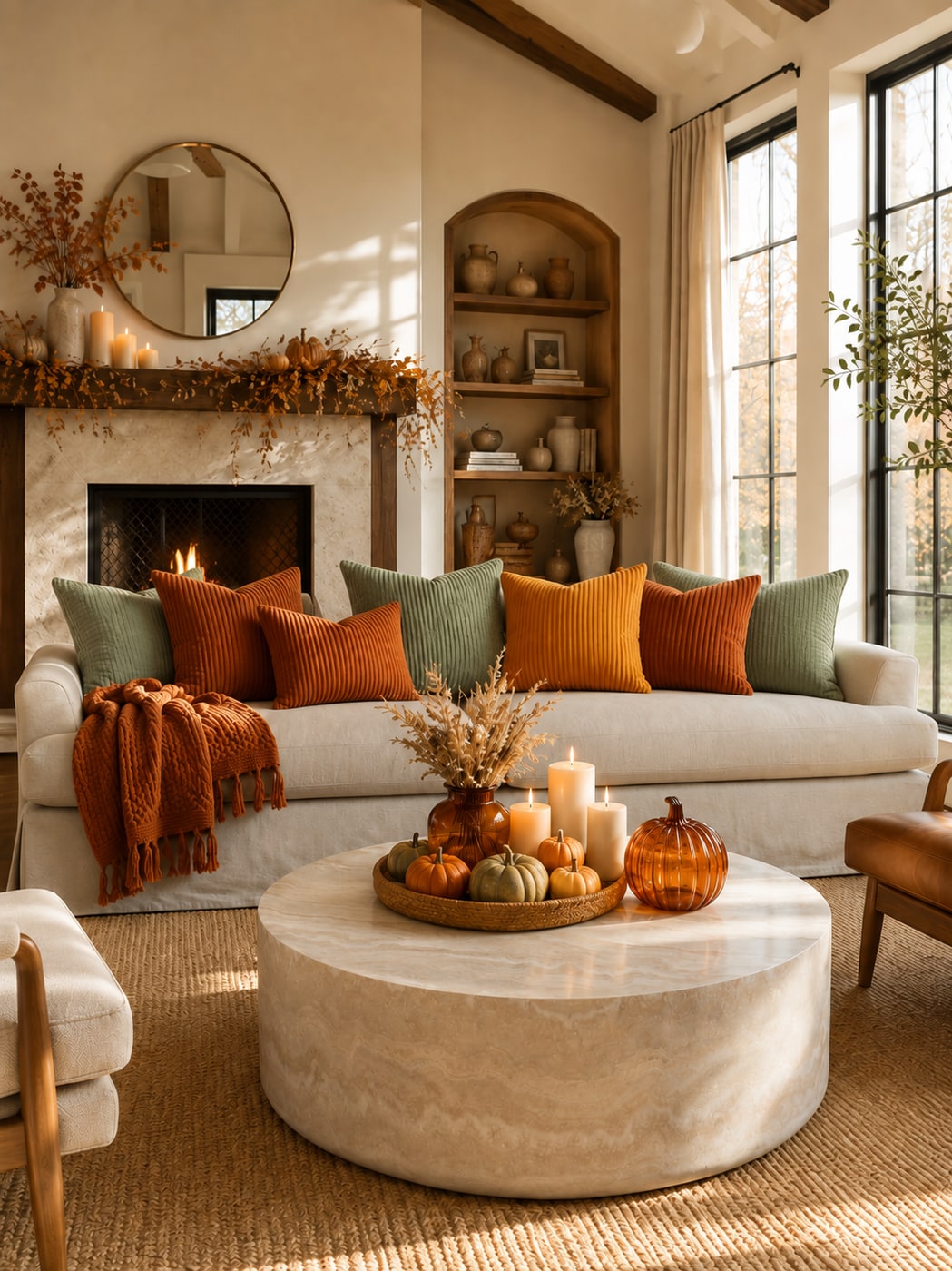 A Cozy Fall Living Room with Warm Textures and Pumpkin Accents
