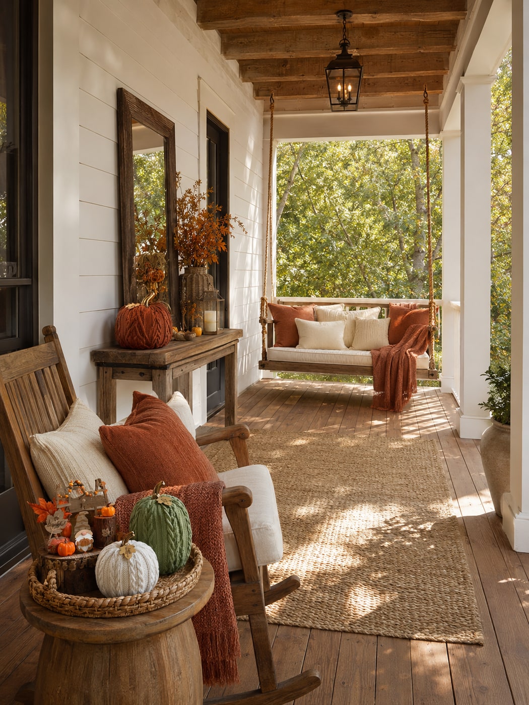 A Cozy Fall Porch with Cable-Knit Pumpkin Charm
