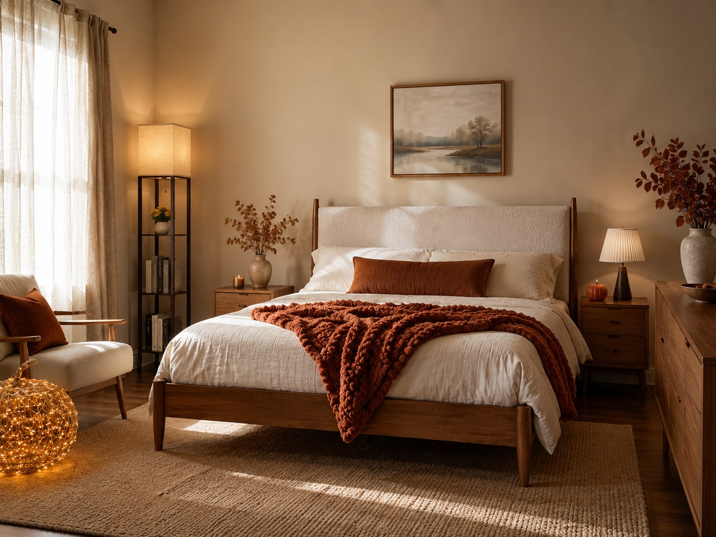 A Cozy Mid-Century Autumn Bedroom with Warm Natural Textures