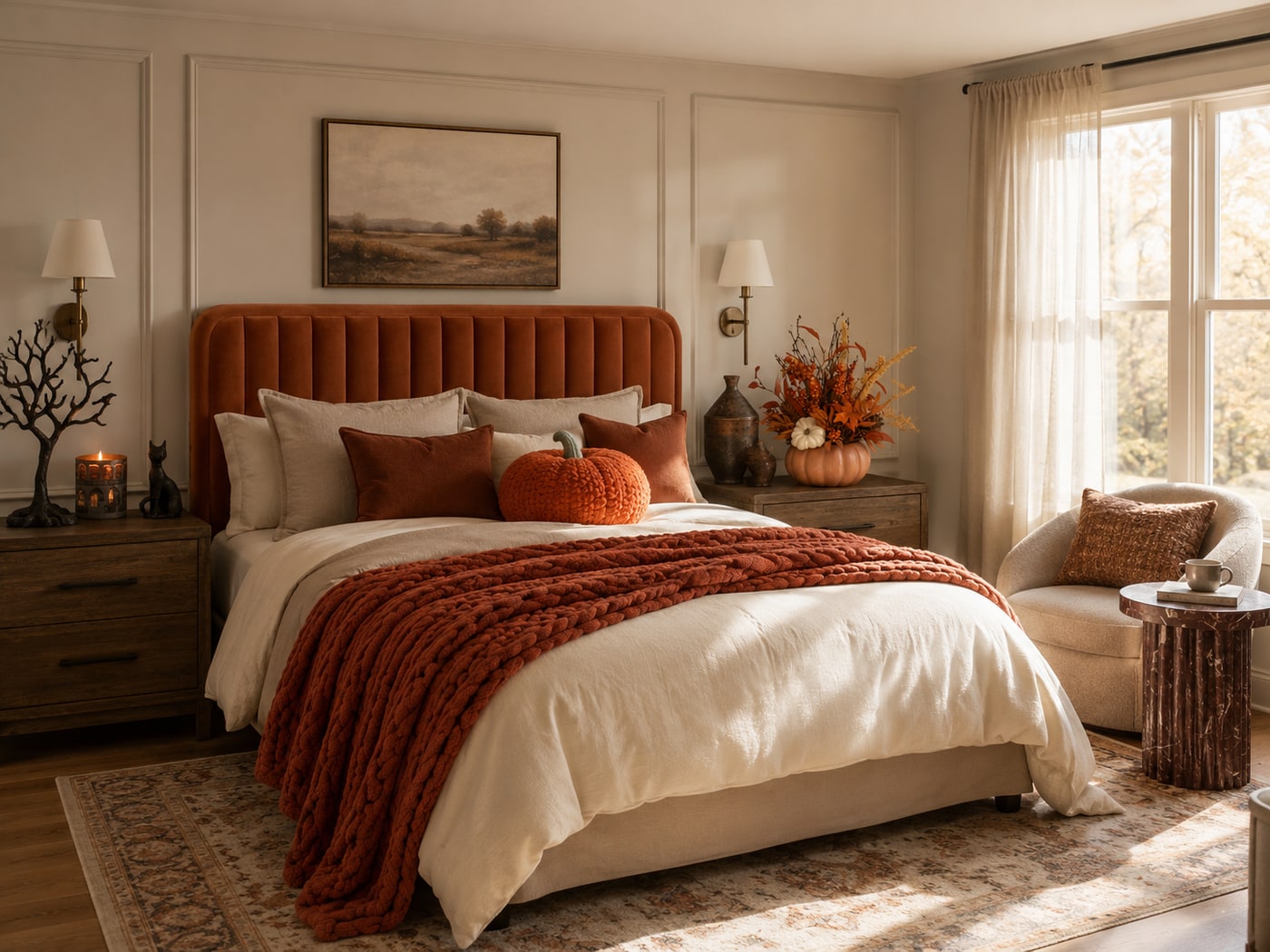 A Cozy Modern Autumnal Bedroom with Velvet and Bronze Accents