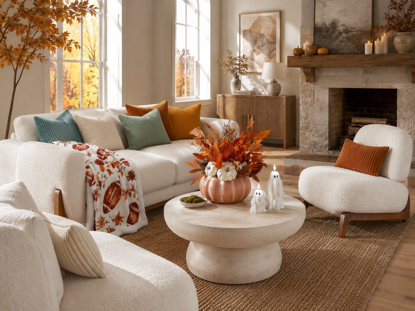 A Cozy Modern Farmhouse Living Room with Warm Autumn Layers