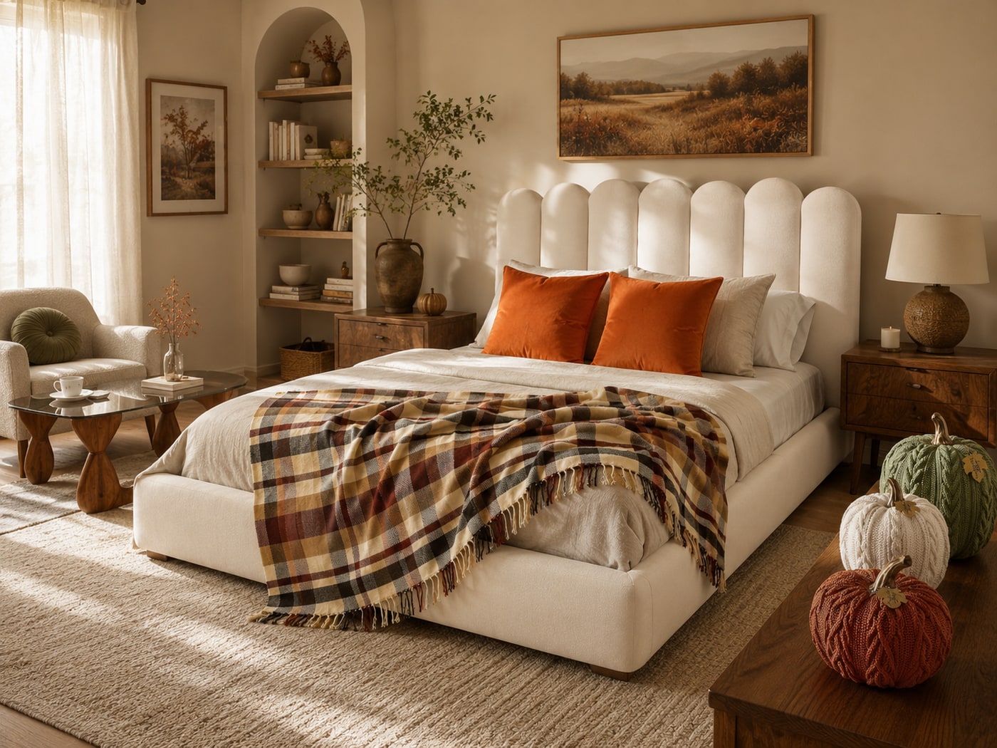 A Cozy Modern Rustic Bedroom with Warm Autumnal Texture