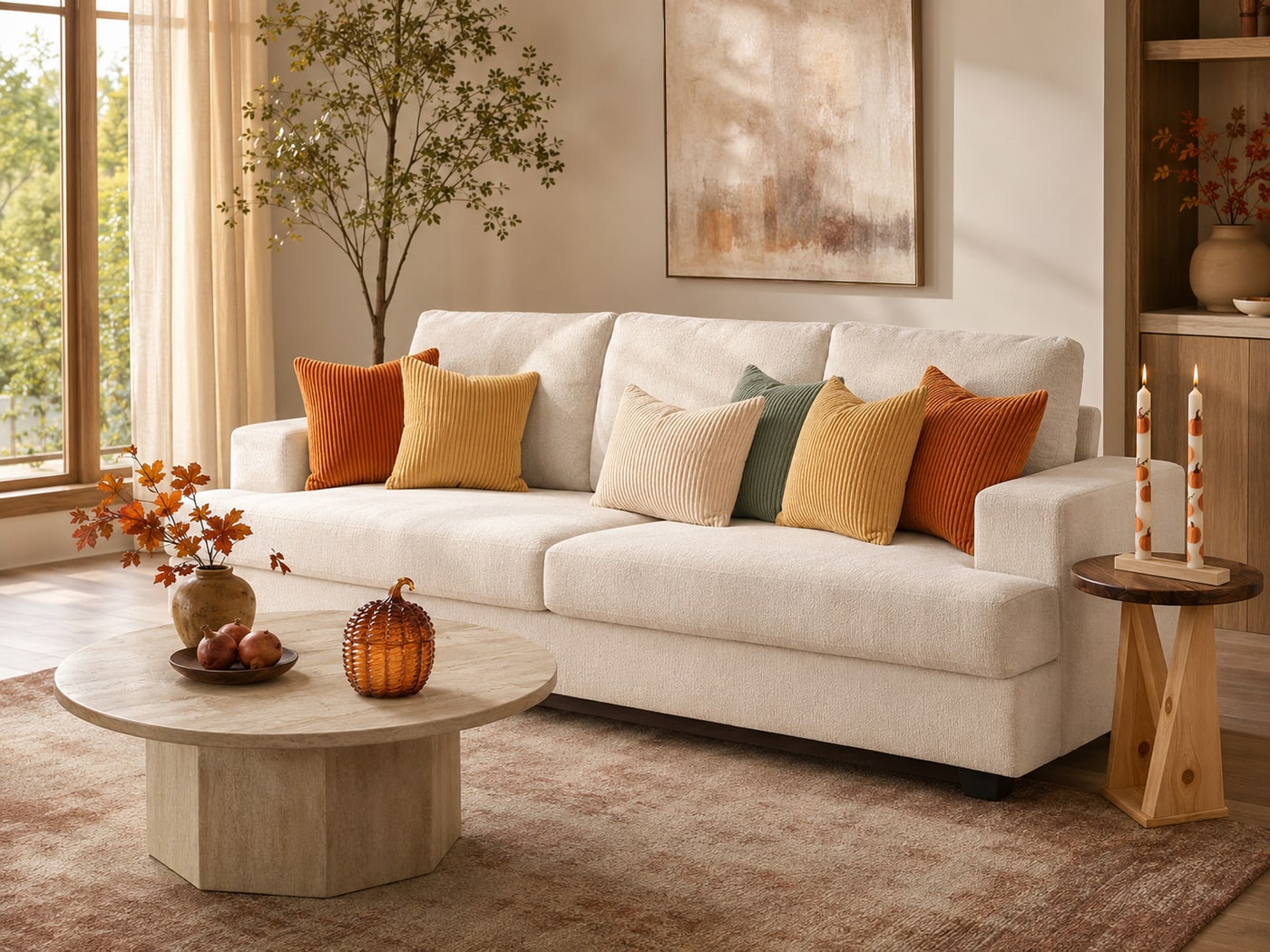 A Cozy Natural Warm Modern Living Room with Autumnal Touches