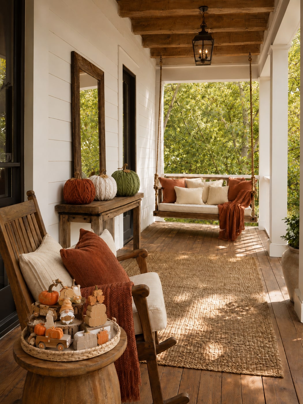 A Cozy Rustic Front Porch with Seasonal Warmth and Texture