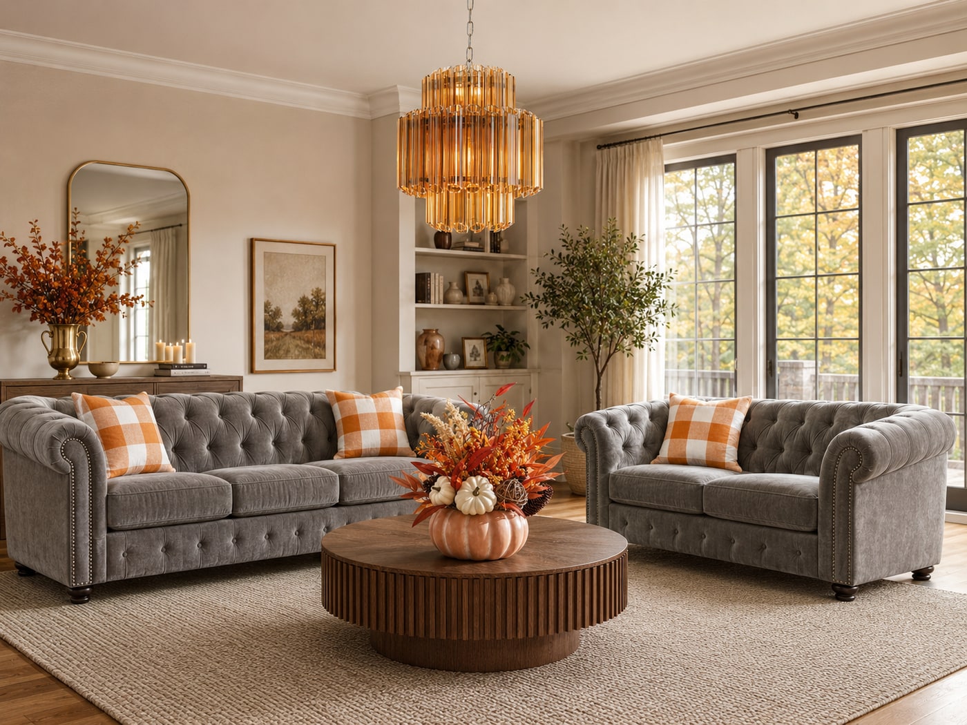 A Cozy Warm Modern Farmhouse Living Room in Autumnal Amber