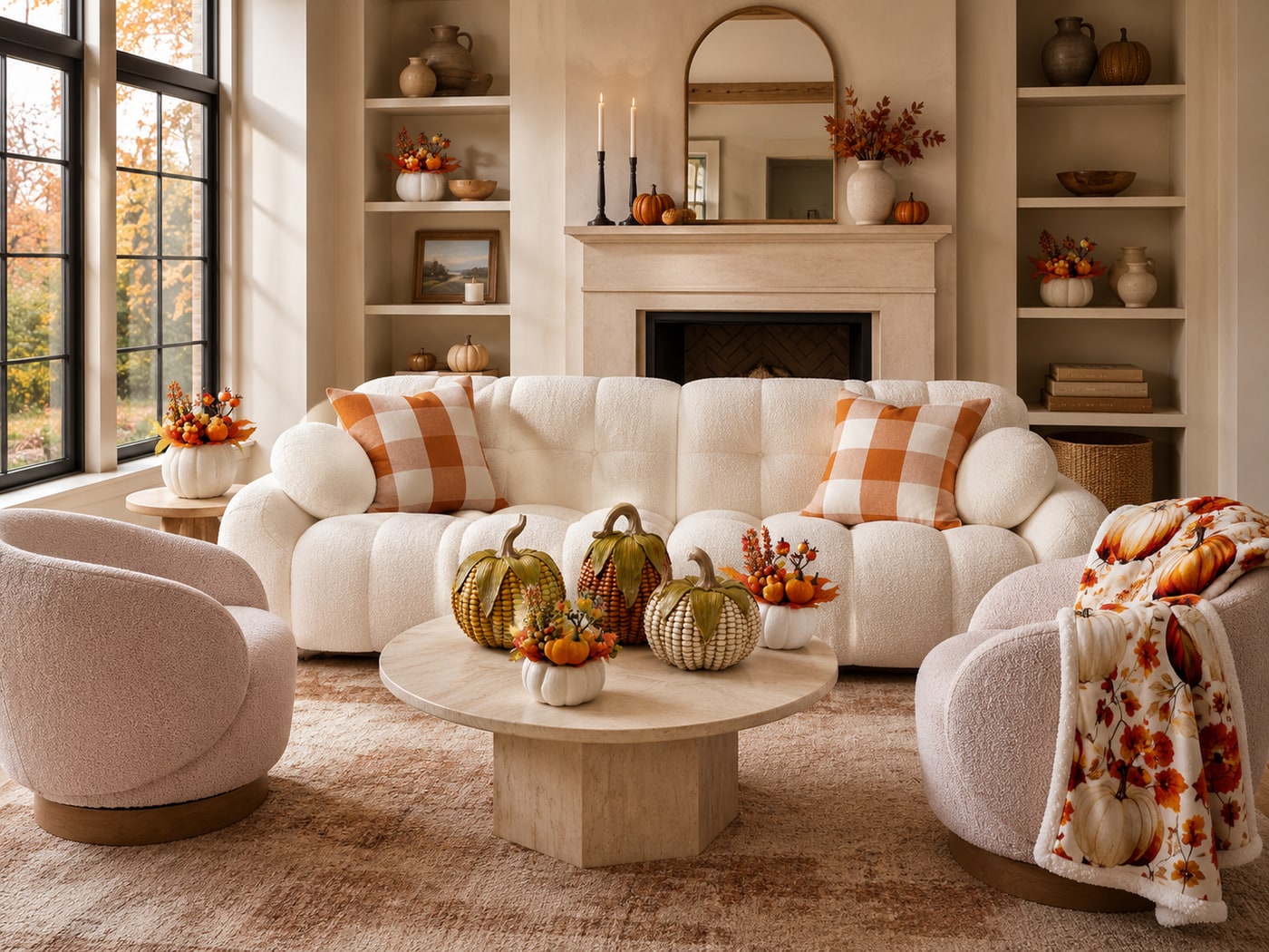 A Cozy Warm Modern Farmhouse Living Room with Autumnal Charm