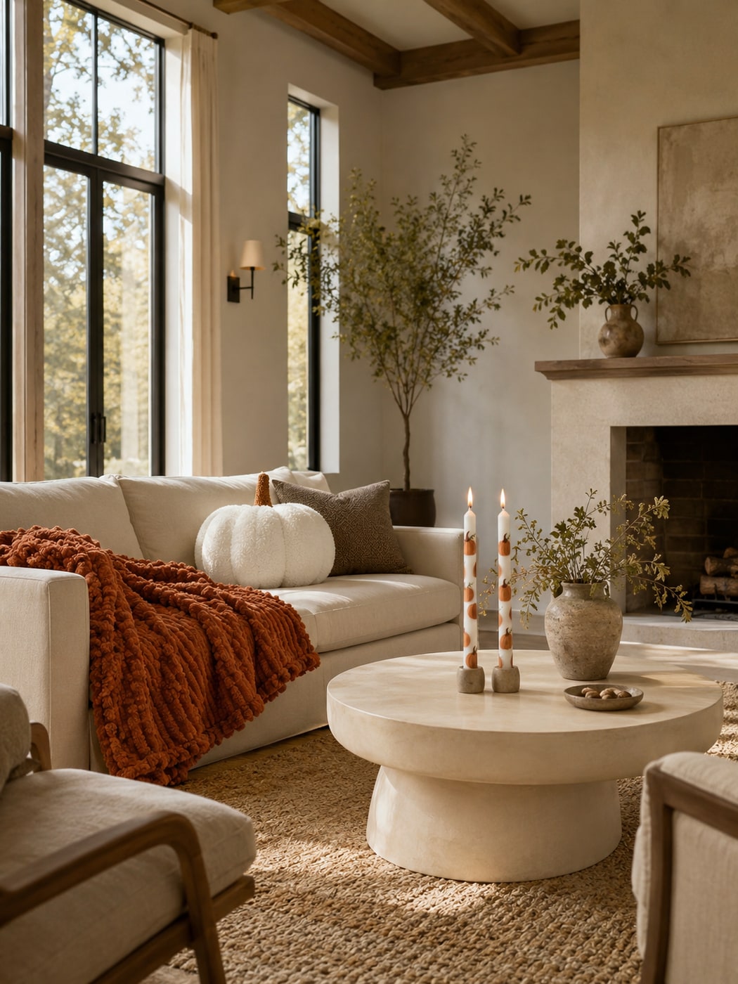 A Cozy Warm Organic Farmhouse Living Room with Rustic Charm