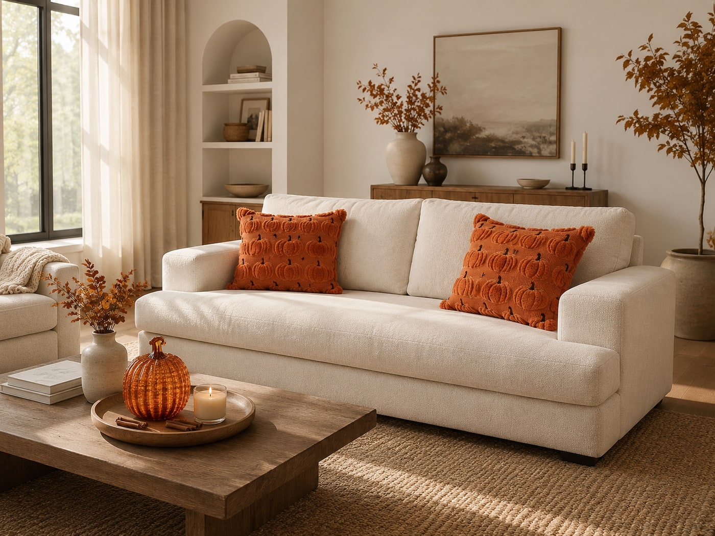A Cozy Warm Seasonal Minimalism Living Room with Autumn Glow