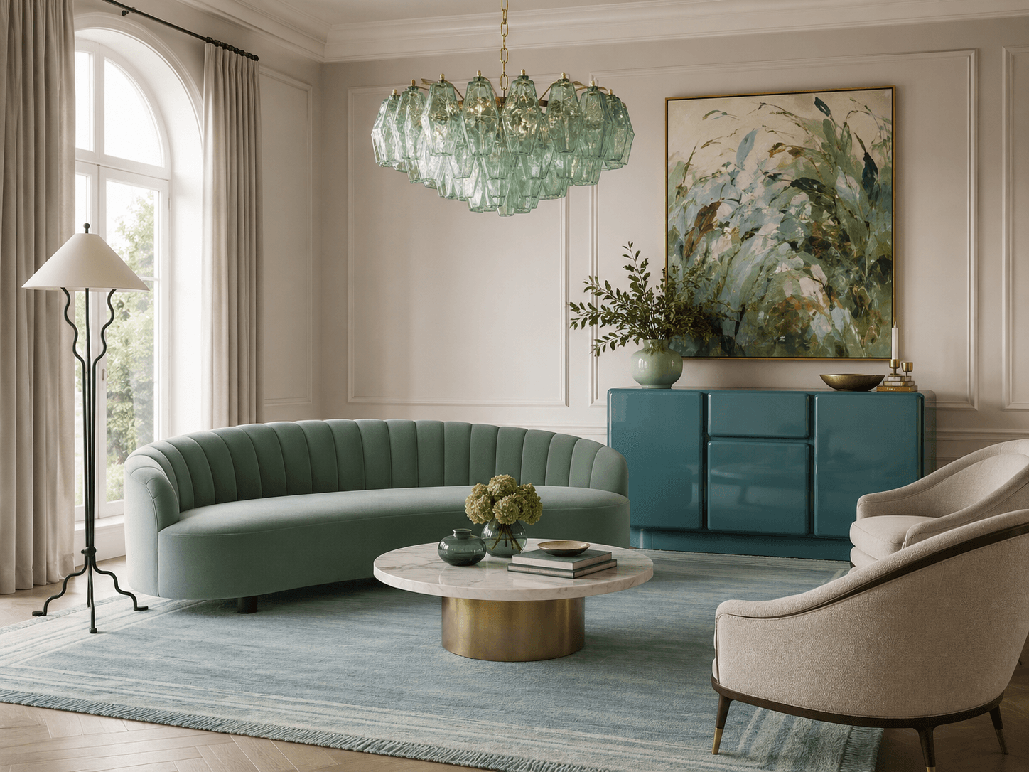 A Glamorous Neo Deco Living Room in Seafoam and Teal