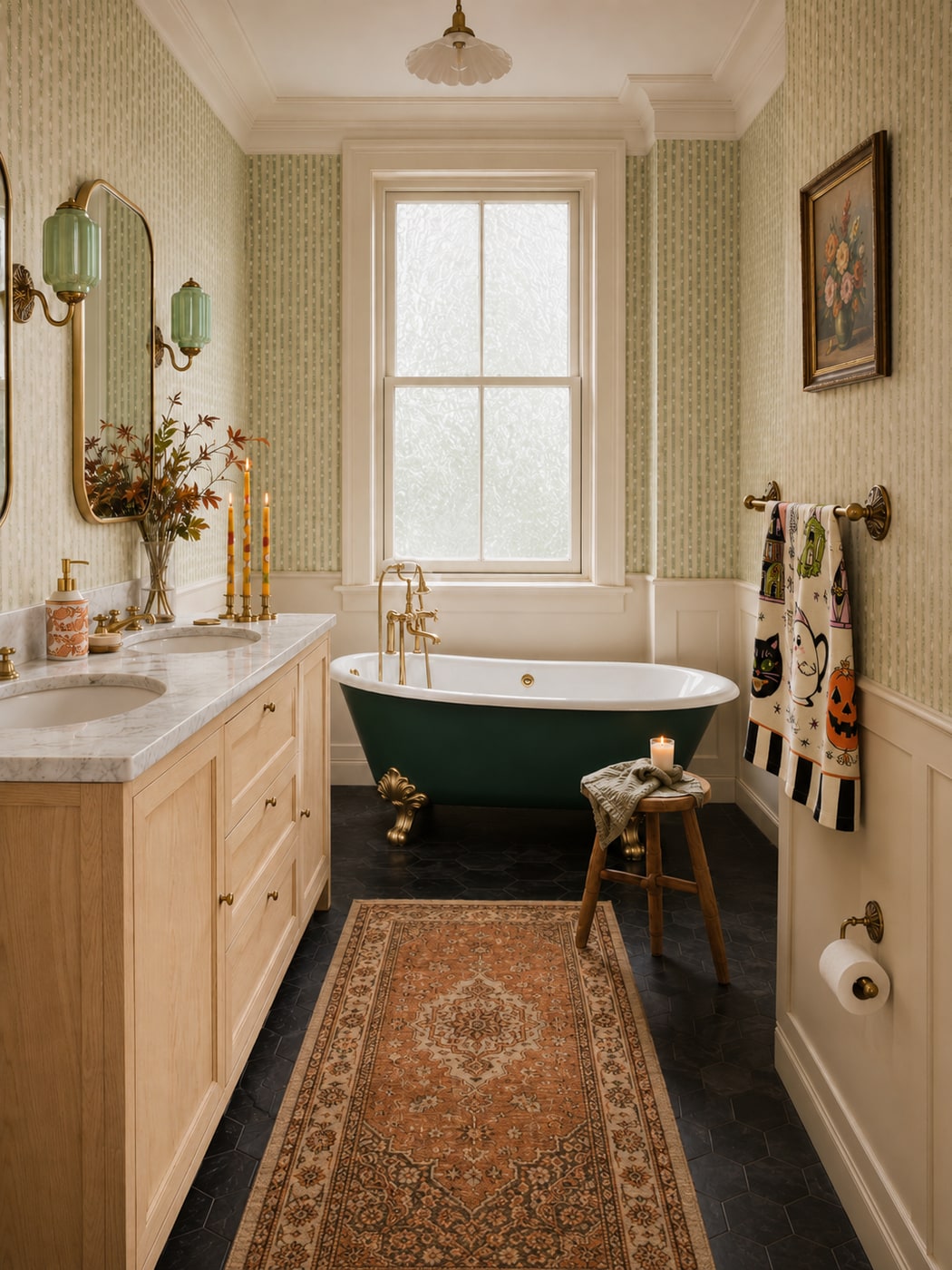 A Heritage Vintage Eclectic Bathroom with Warm Brass and Bone