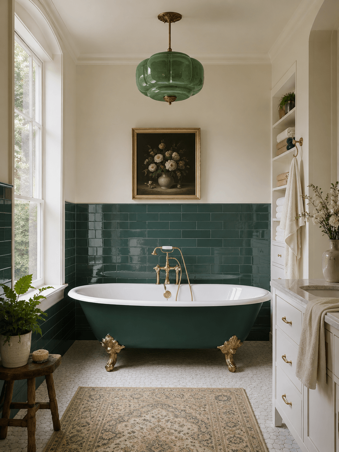 A Lush Neo Deco Bathroom with Heritage Green and Brass