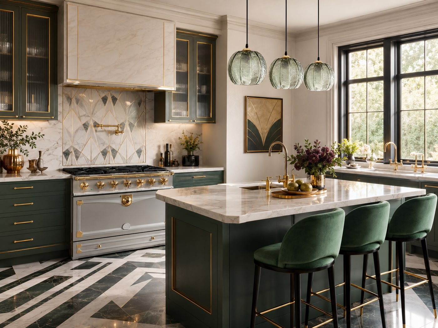 A Luxurious Neo Deco Kitchen in Forest Green and Brass