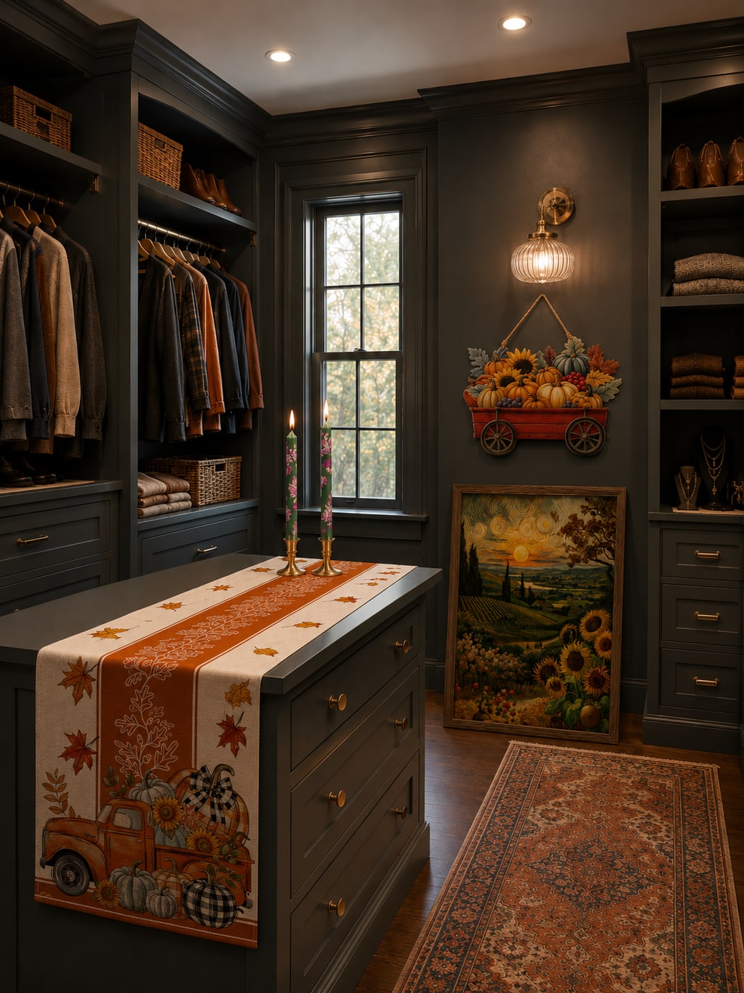 A Moody Gothic Walk-In Closet with Warm Amber Glow