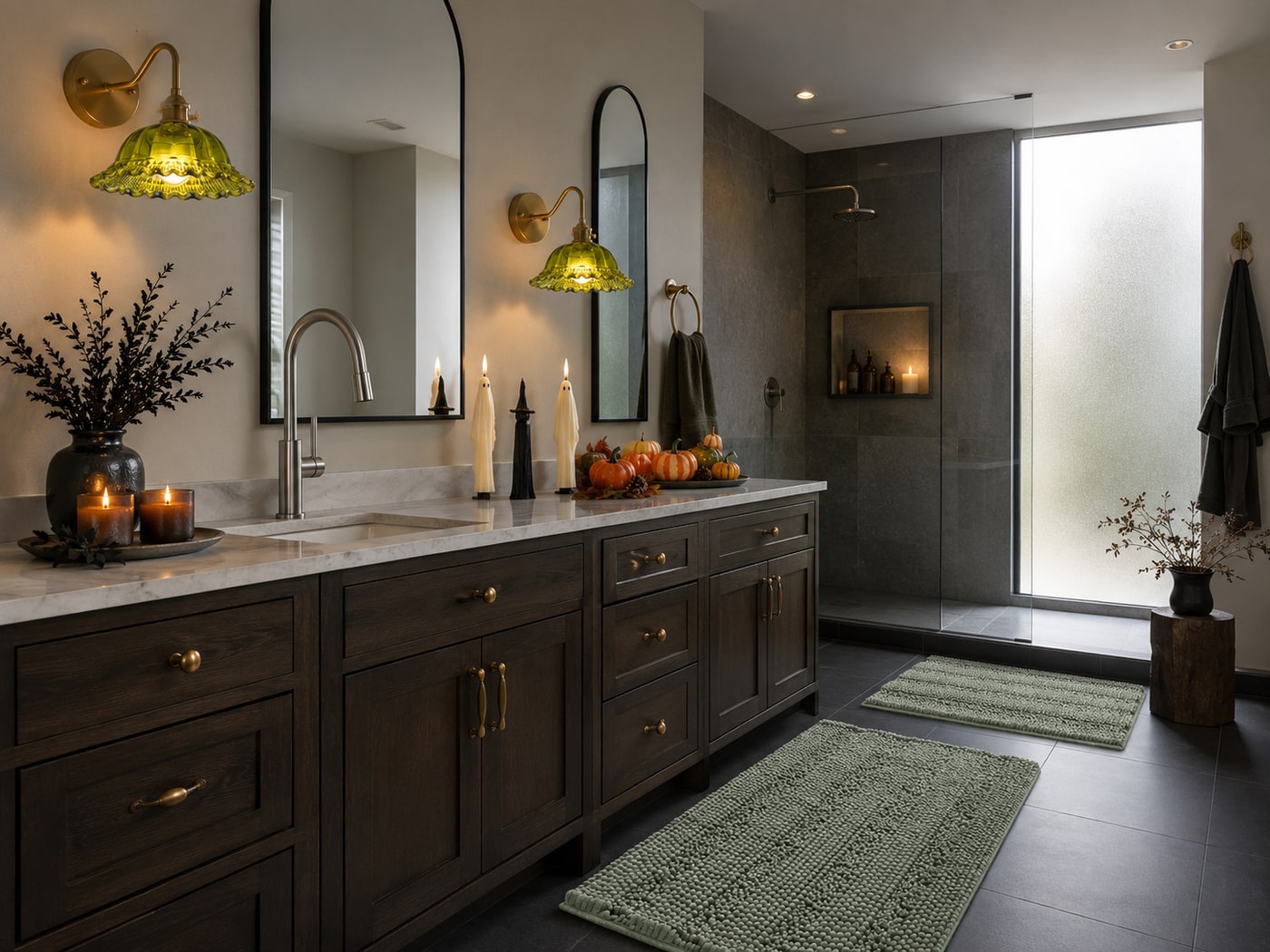A Moody Halloween Bathroom with Gothic Charm and Amber Glow
