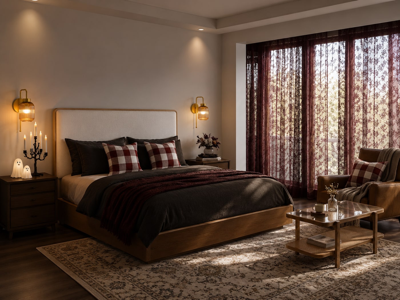 A Moody Halloween Bedroom with Gothic Warmth and Candlelight