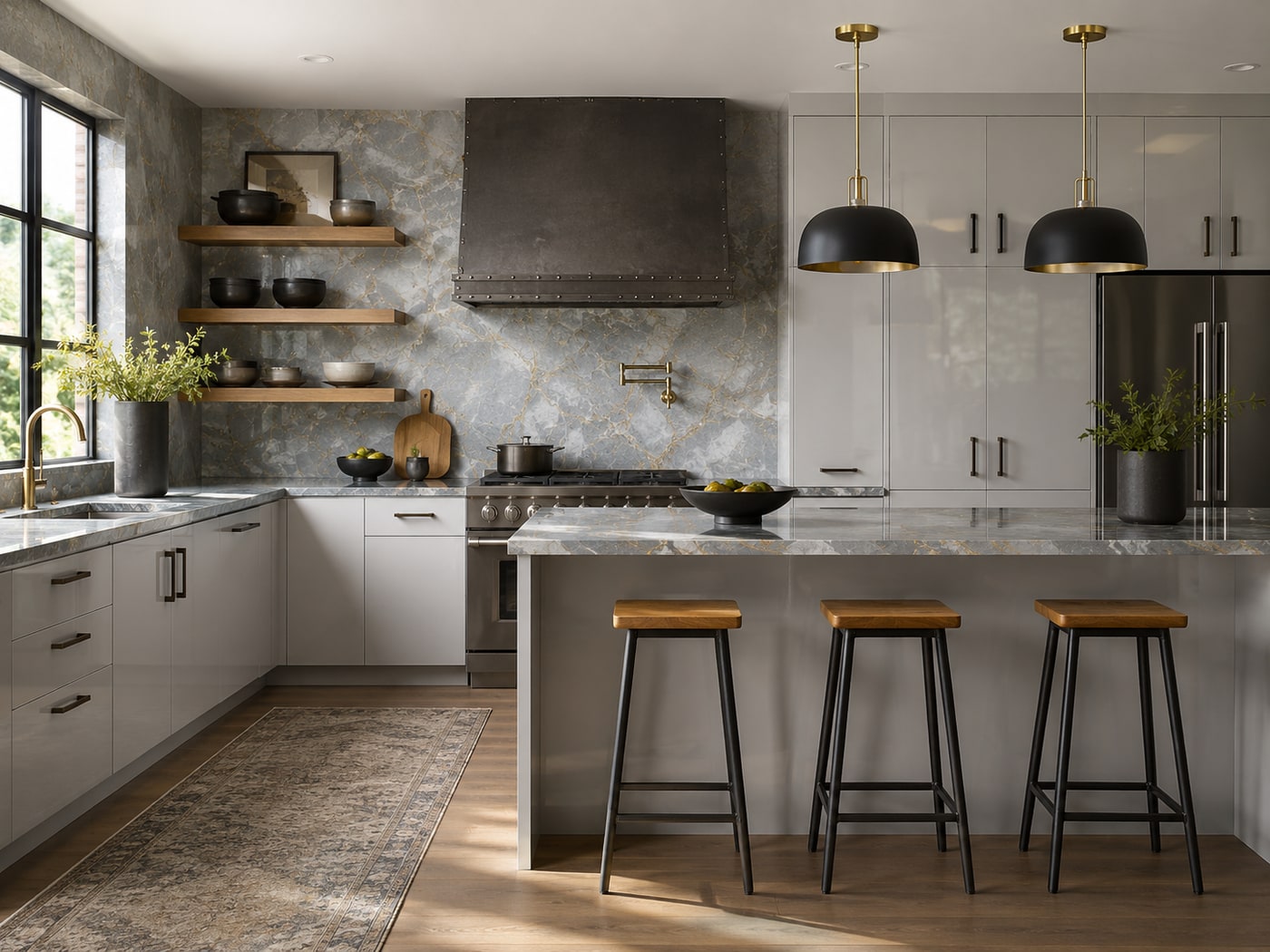 A Refined Industrial Modern Kitchen with Warm Oak and Brass