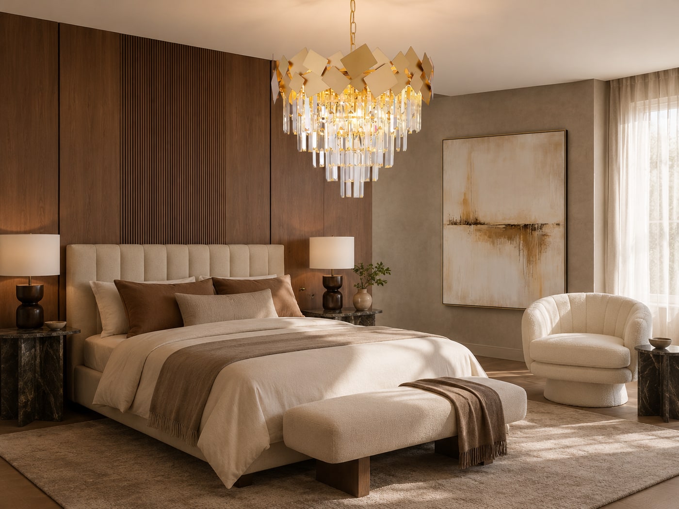 A Refined Modern Soft Glam Bedroom with Curved Elegance