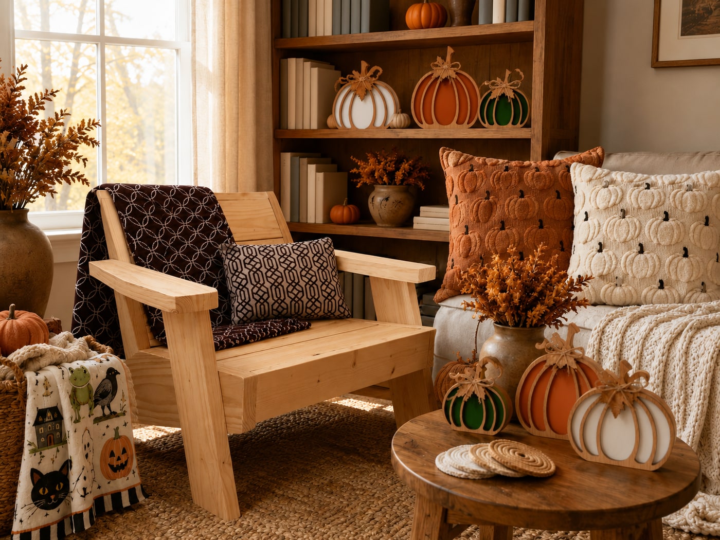 A Rustic Cozy Fall Reading Nook with Natural Wood and Warm Textiles