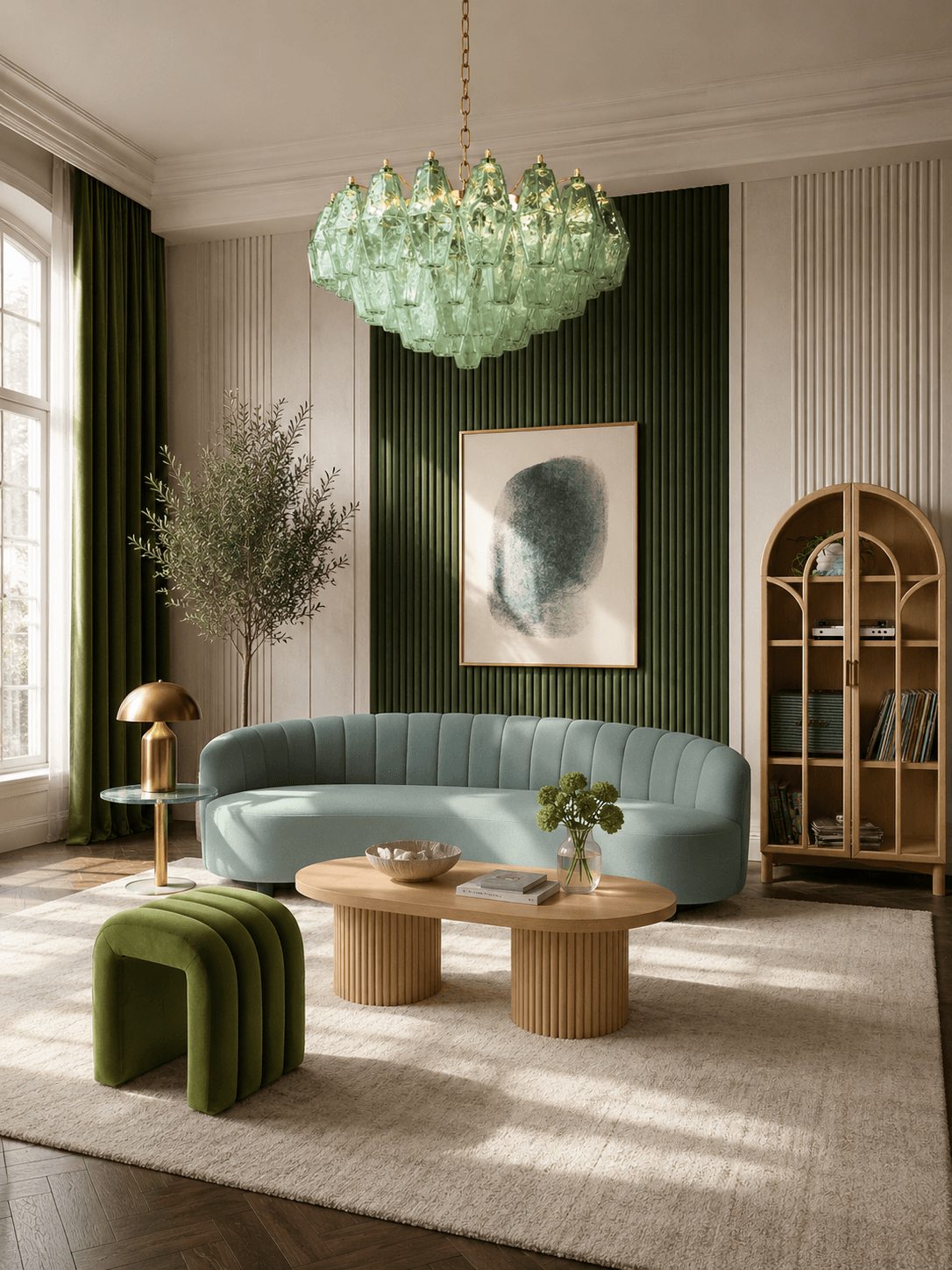 A Serene Organic Art Deco Revival Living Room in Forest Green