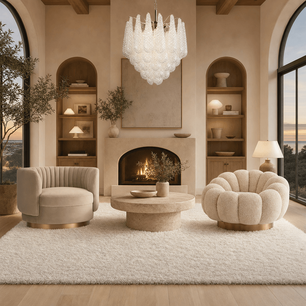 A Serene Organic Modern Living Room with Soft Curves and Warm Light