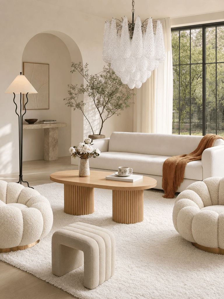 A Serene Soft Organic Modern Living Room with Sculptural Curves