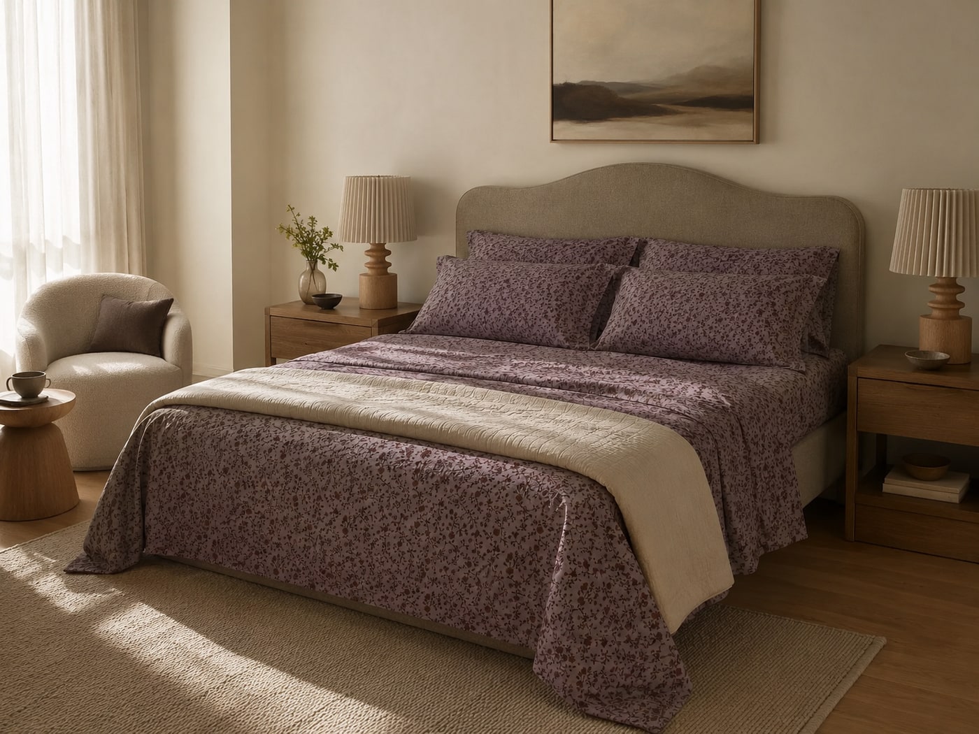 A Serene Warm Botanical Transitional Bedroom in Mauve and Oak