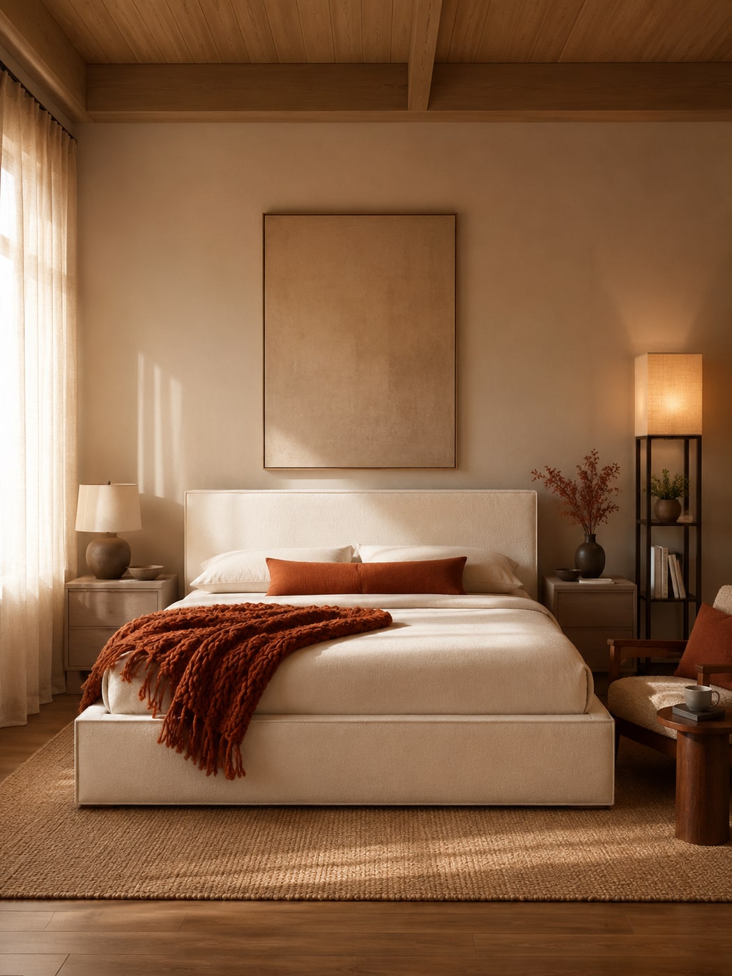 A Serene Warm Modern Minimalist Bedroom in Earth Tones