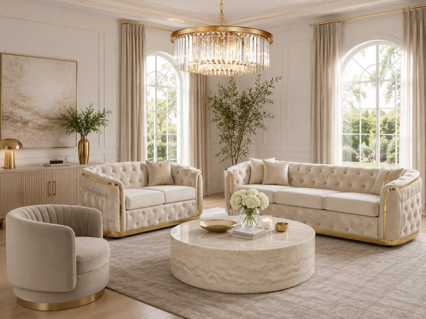 A Soft Mid-Century Glamour Living Room with Plush Velvet and Gold