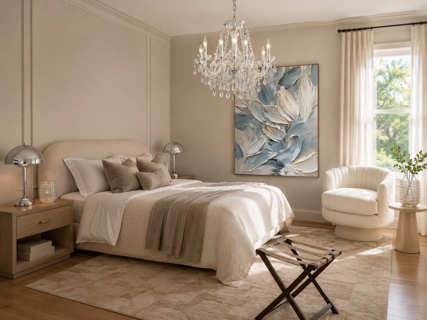 A Soft Modern Classic Guest Room with Plush Curves and Warm Neutrals